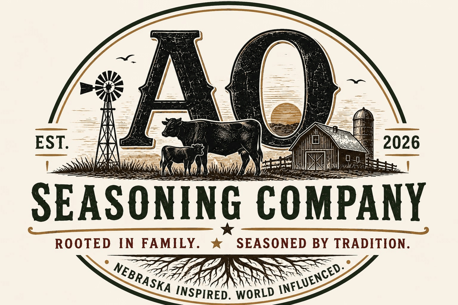 Official AO Seasoning Company logo. Rooted in family. Seasoned by tradition. Nebraska inspired. World influenced. Established 2026.