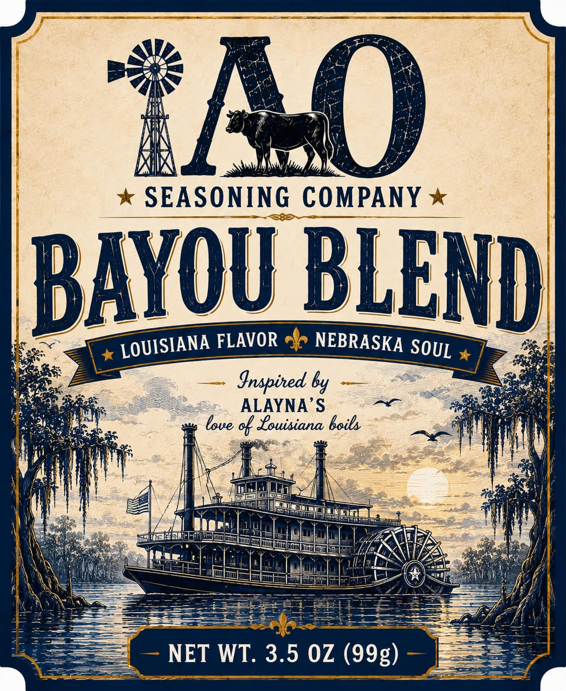 Bayou Blend label with a Louisiana riverboat and bayou illustration