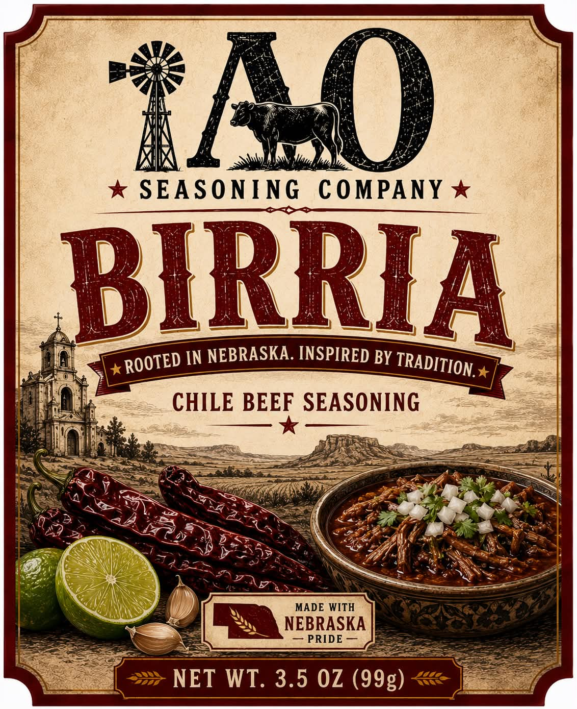 Birria Chile Beef Seasoning label with dried chiles and prepared birria
