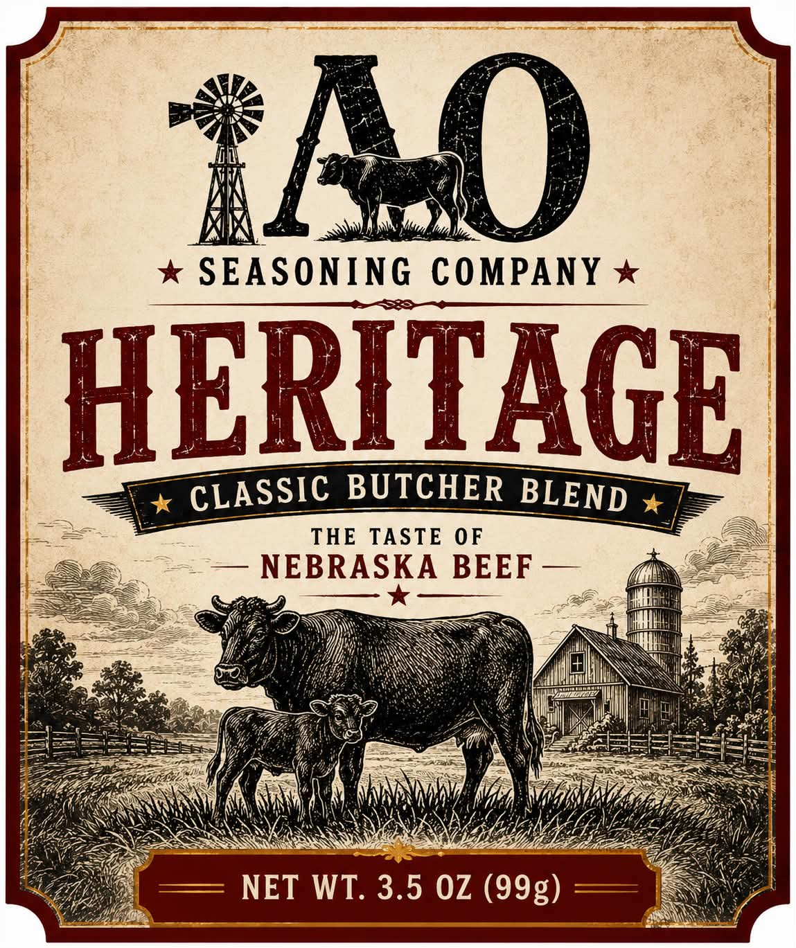 Heritage Classic Butcher Blend label with Nebraska cattle and farm illustration