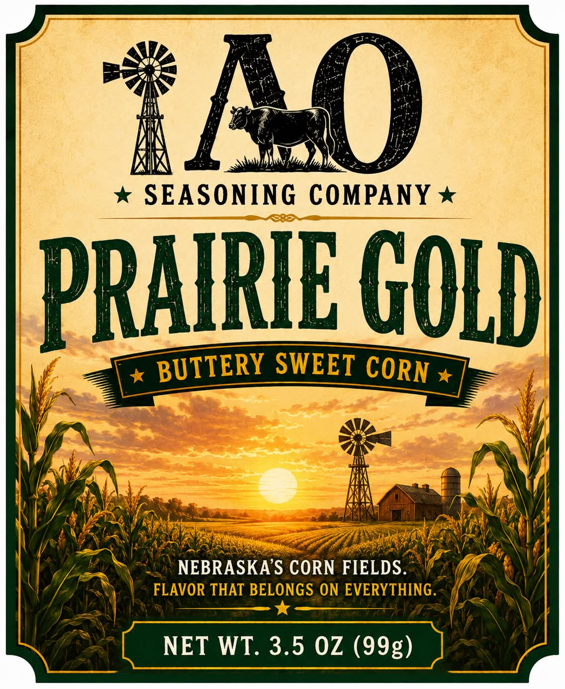 Prairie Gold Buttery Sweet Corn seasoning label with a Nebraska cornfield